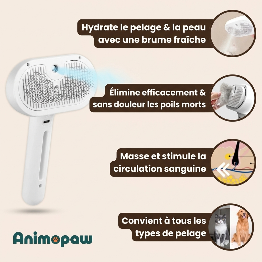 VapoBrosse AnimoPaw — Brosse de Toilettage Professionnelle pour Animaux de Compagnie